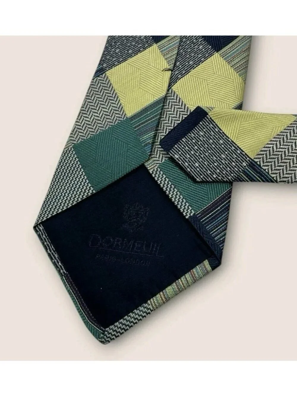 DORMEUIL Silk Tie ITALY Beige Green Tartan W:3.7